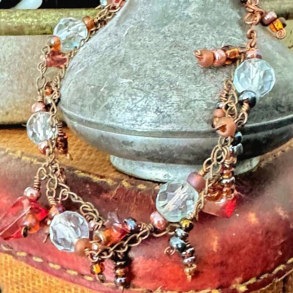 Bohemian Orange Murano Art Glass Jangle Bracelet Beads Beaded Chain Statement